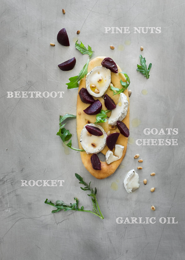 Earthy Topping Ash coated goats cheese Beetroot Pine nuts Rocket Garlic olive oil
